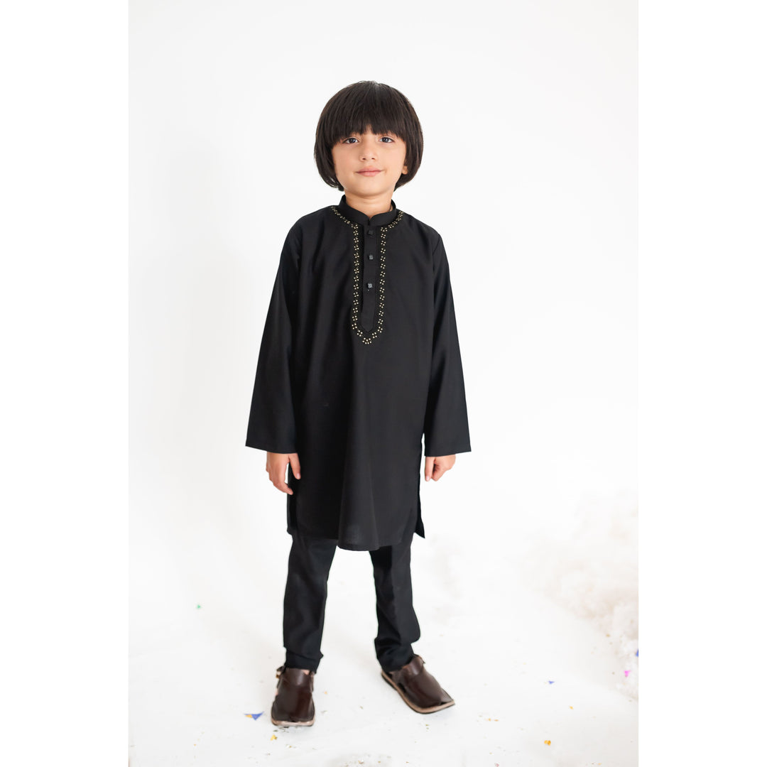 Embroidered Black and Gold Kurta Kids