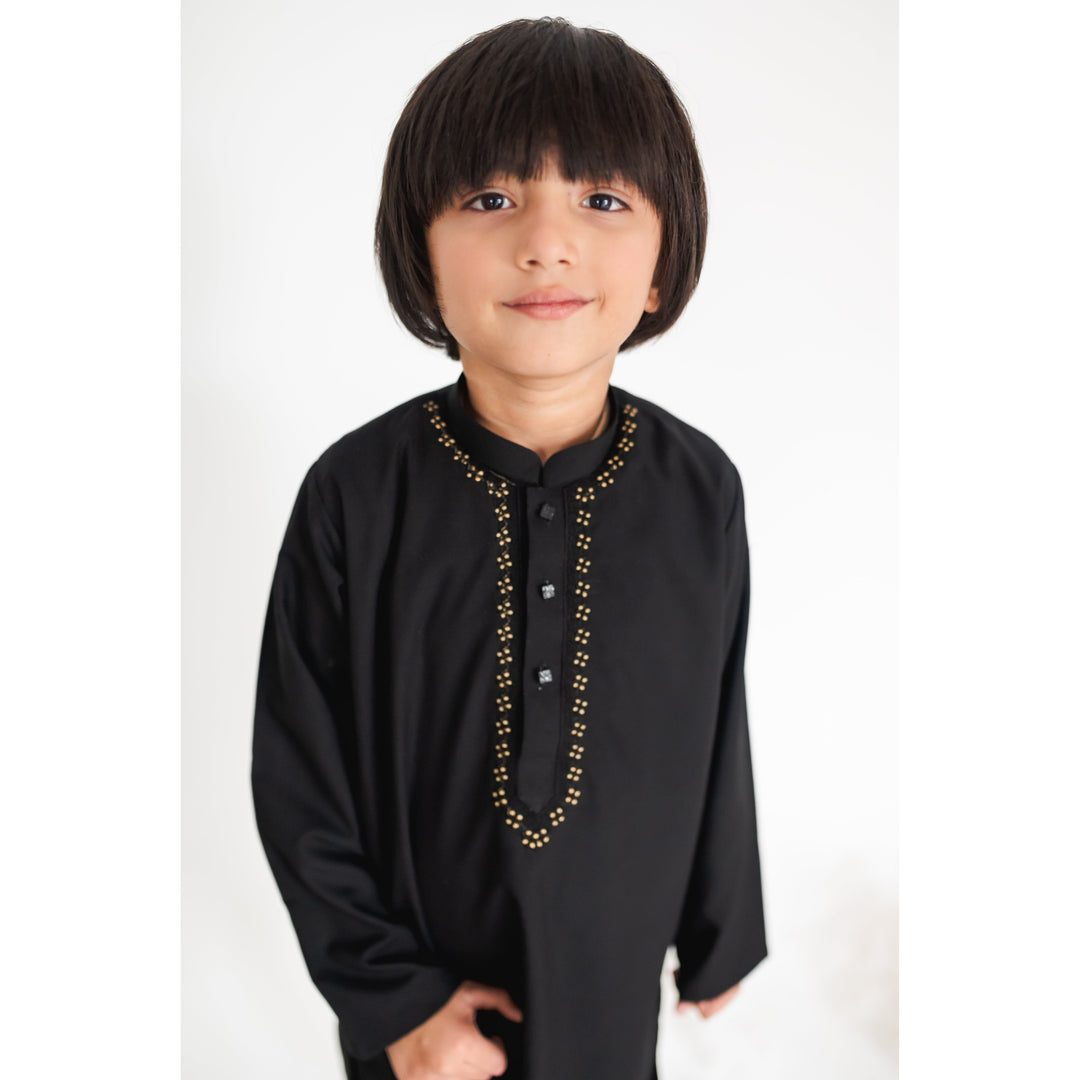 Embroidered Black and Gold Kurta Kids