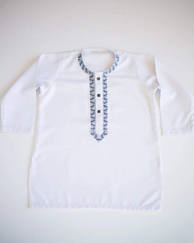 White + Blue Embroidered - Baby Boy Kurta