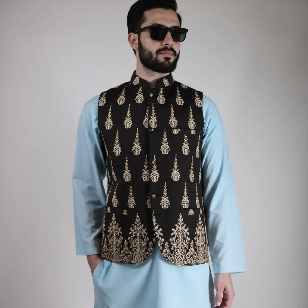 Black + Gold Embroidery Koti Waistcoat